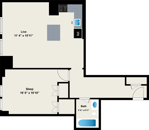 Floor plan for 1 bed, 1 bath, 713 sqft